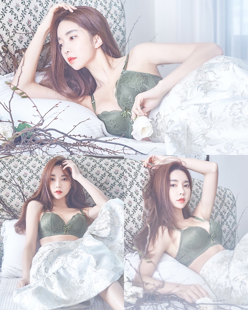 Korean beautiful model and fashion - Park Soo Yeon - Dark Green Bra Set