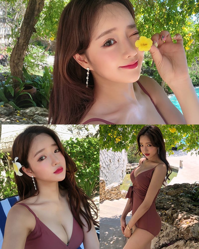 Korean model and fashion - Kang Eun Wook - Dark Maroon Onepiece Swimsuit