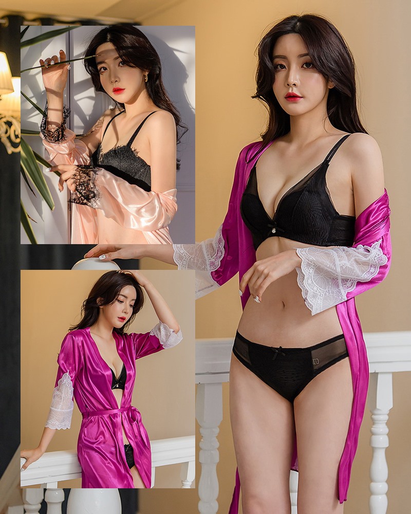 korean model and fashion - Yoo Gyeong - Feminist Glossy Robe and Black Lingerie set