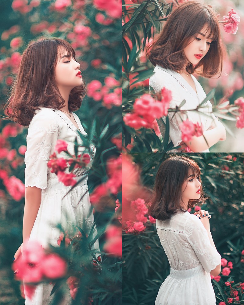 Vietnamese Model - Young Pretty Girl in White Dress and Flower Fence - TruePic.net