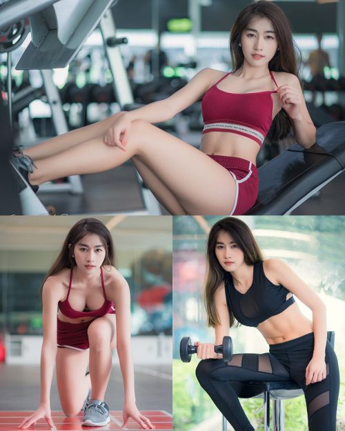 Thailand Hot Beauty Model - Nisa Khamarat - Red and Black Fitness Set - TruePic.net